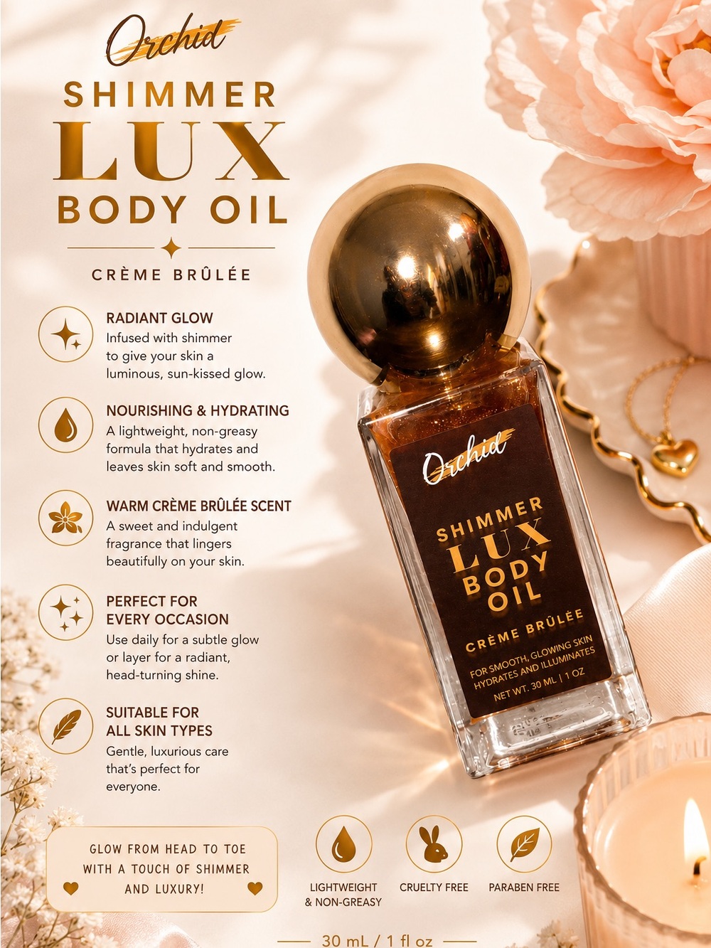 Shimmer Lux Body Oil — Crème Brûlée (Golden)